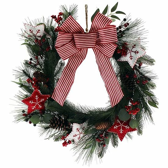 St. Nicholas Square® Embroidered Stars Artificial Pine Holly Wreath 1 St. Nicholas Square® Embroidered Stars Artificial Pine Holly Wreath