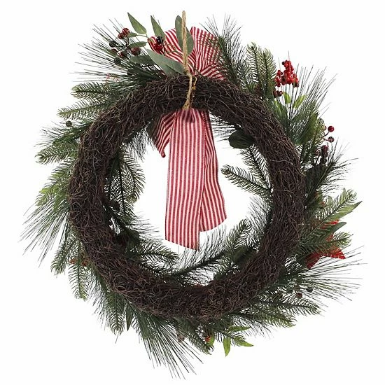 St. Nicholas Square® Embroidered Stars Artificial Pine Holly Wreath 2 St. Nicholas Square® Embroidered Stars Artificial Pine Holly Wreath - Image 2